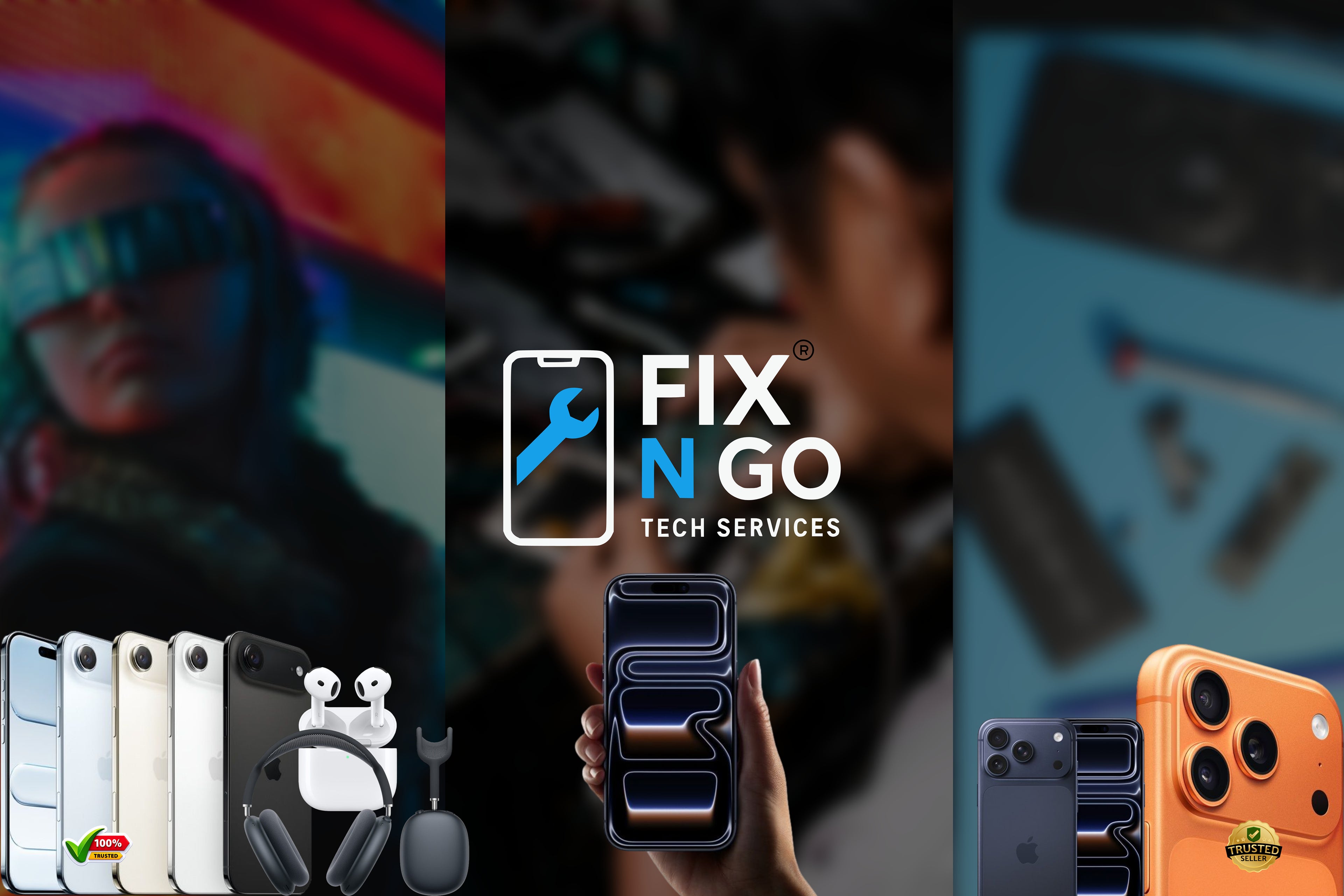 Promotional graphic for Fix N Go Tech Services with smartphone repair images and branding.